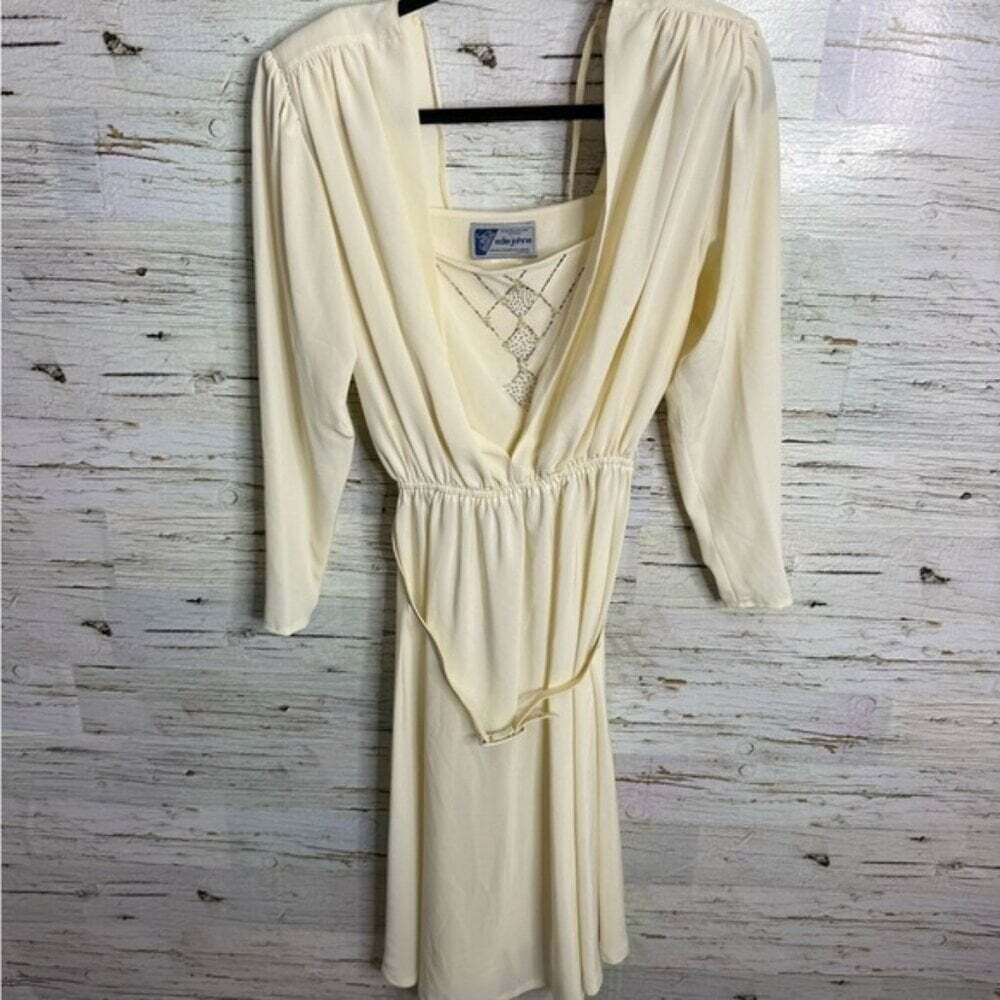 Vintage Cream Midi Dress with belt size 8 Edie johne made in Canada